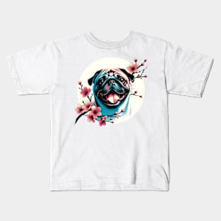 Pug Enjoys Spring Amid Cherry Blossoms and Flowers Kids T-Shirt